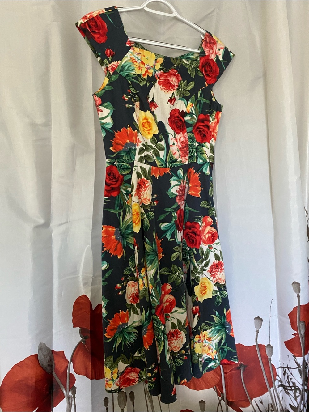 Floral Midi Dress in Navy with Red & Yellow Roses. Size 8.